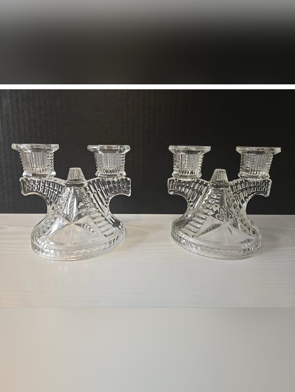 Clear Federal Glass Double Candle Holder  Candlebra Lot Of 2  MCM Cottagecore